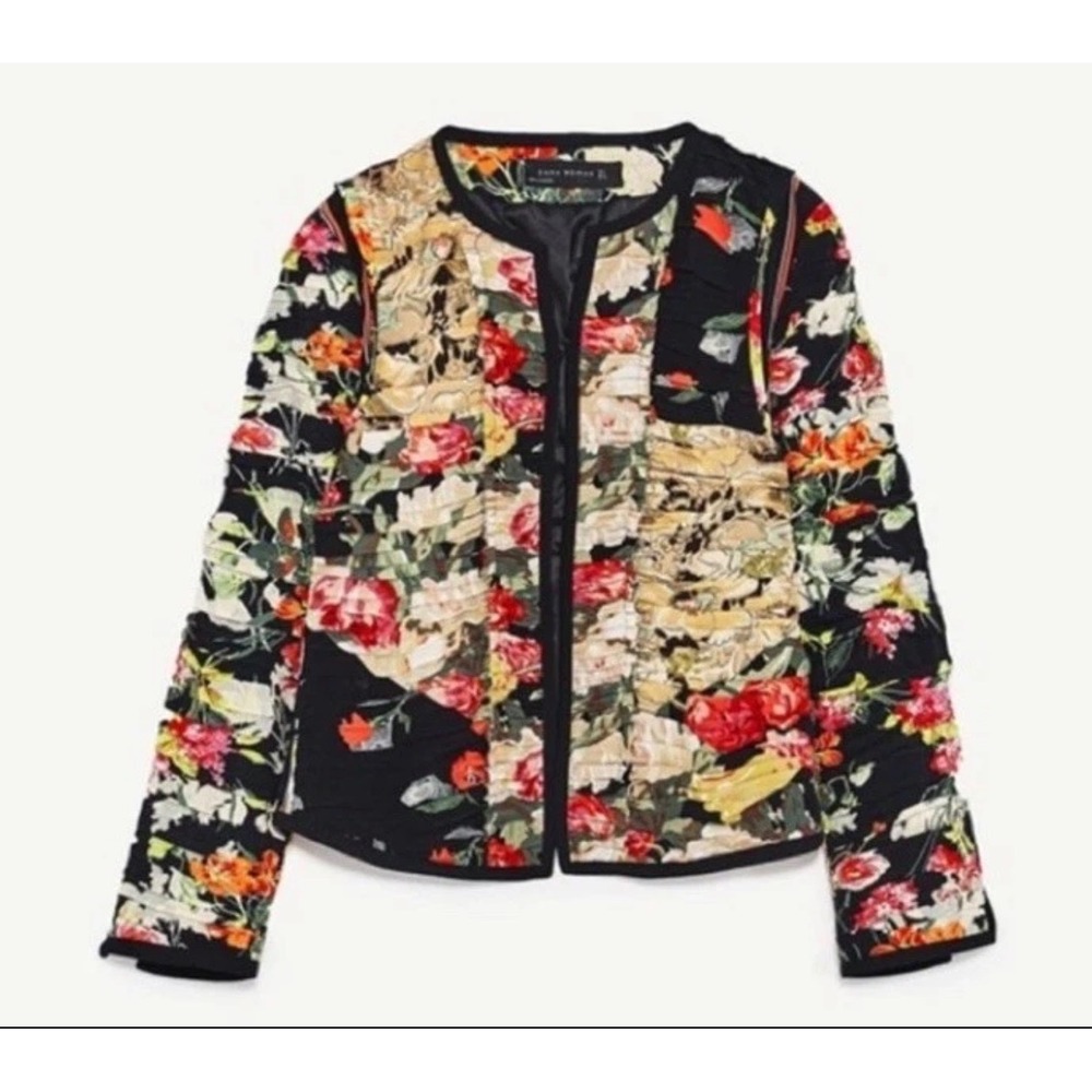 Zara Floral Patchwork Jacket Small Open Front Sta… - image 2